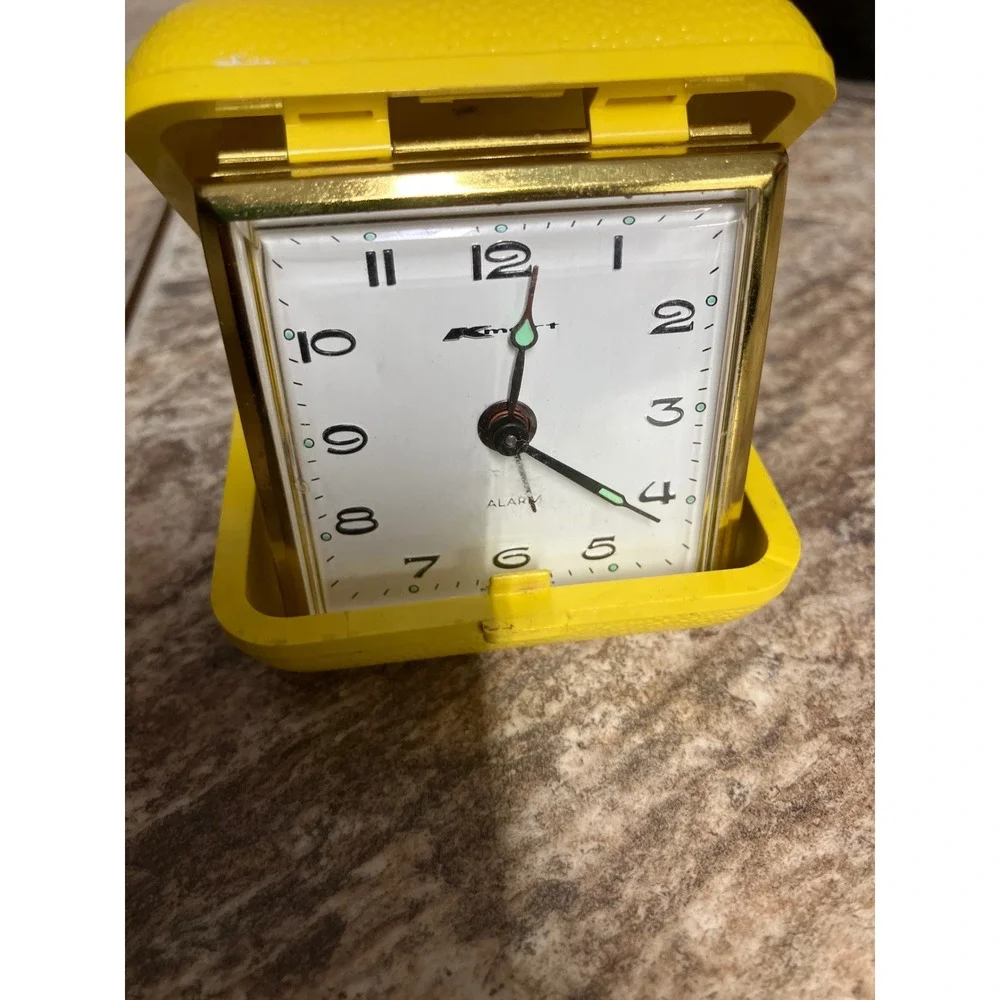 Vintage Kmart Travel Alarm Clock West Germany Yellow Clamshell Mechanical MCM